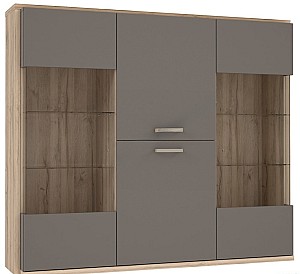 Dulap cu vitrina FORTUNA Alcano 181.4x157x41.1 Stejar Alb (Bej)/Bazalt (Maro)